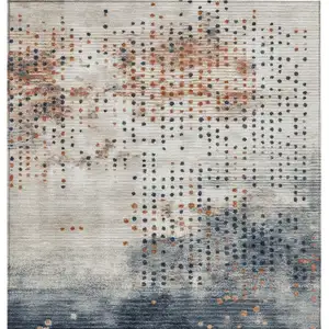 Photo of Linen And Navy Blue Geometric Washable Indoor Outdoor Area Rug