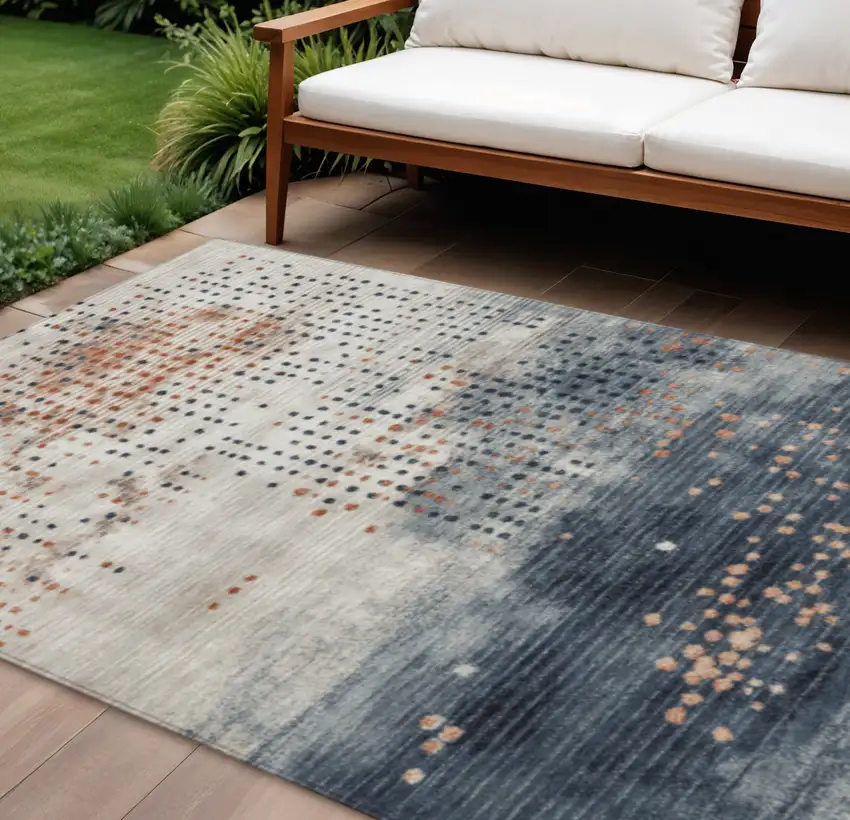 Linen And Navy Blue Geometric Washable Indoor Outdoor Area Rug Photo 2