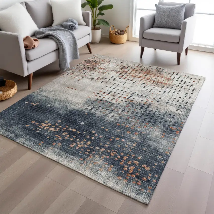 Linen And Navy Blue Geometric Washable Indoor Outdoor Area Rug Photo 6