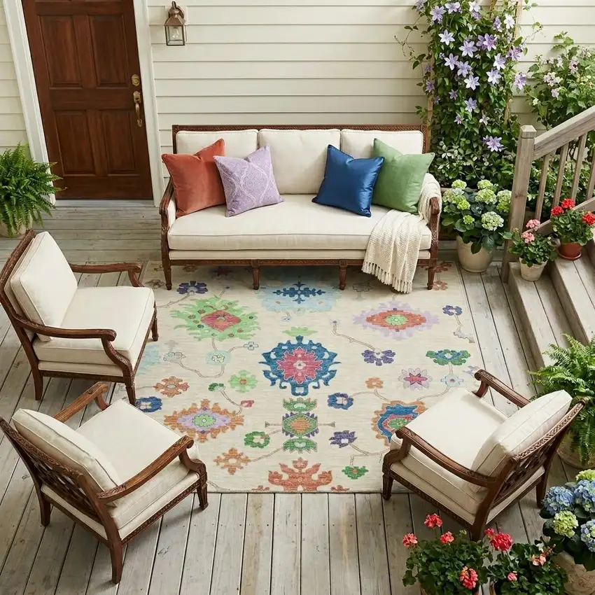 Linen And Navy Blue Oriental Washable Indoor Outdoor Area Rug Photo 1