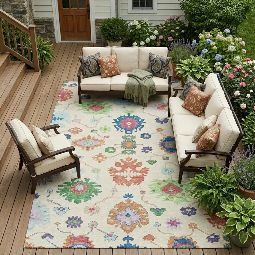 Linen And Navy Blue Oriental Washable Indoor Outdoor Area Rug Photo 1