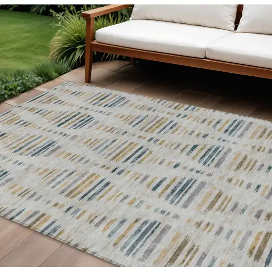 Linen And Navy Blue Striped Washable Indoor Outdoor Area Rug Photo 2