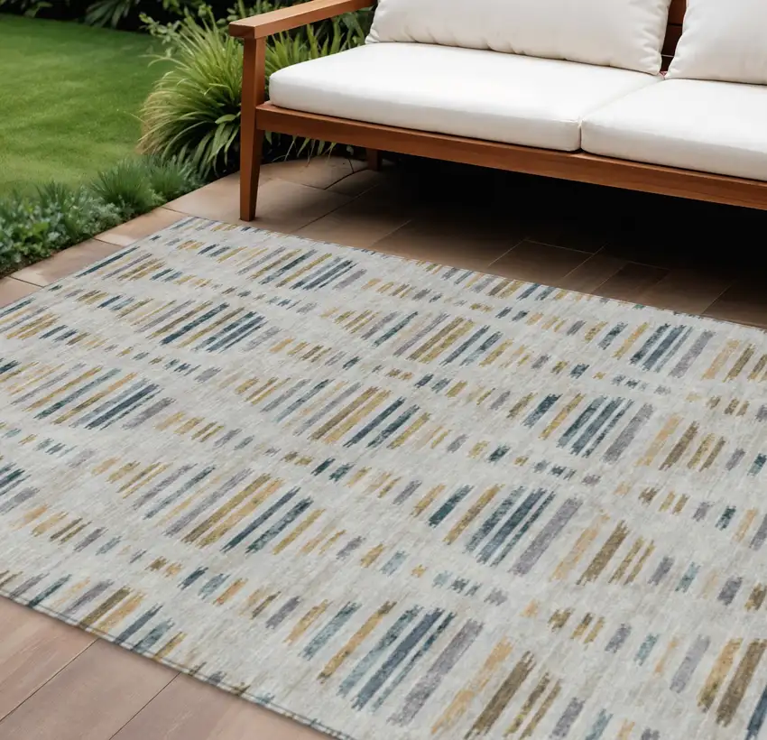 Linen And Navy Blue Striped Washable Indoor Outdoor Area Rug Photo 2