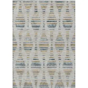 Photo of Linen And Navy Blue Striped Washable Indoor Outdoor Area Rug