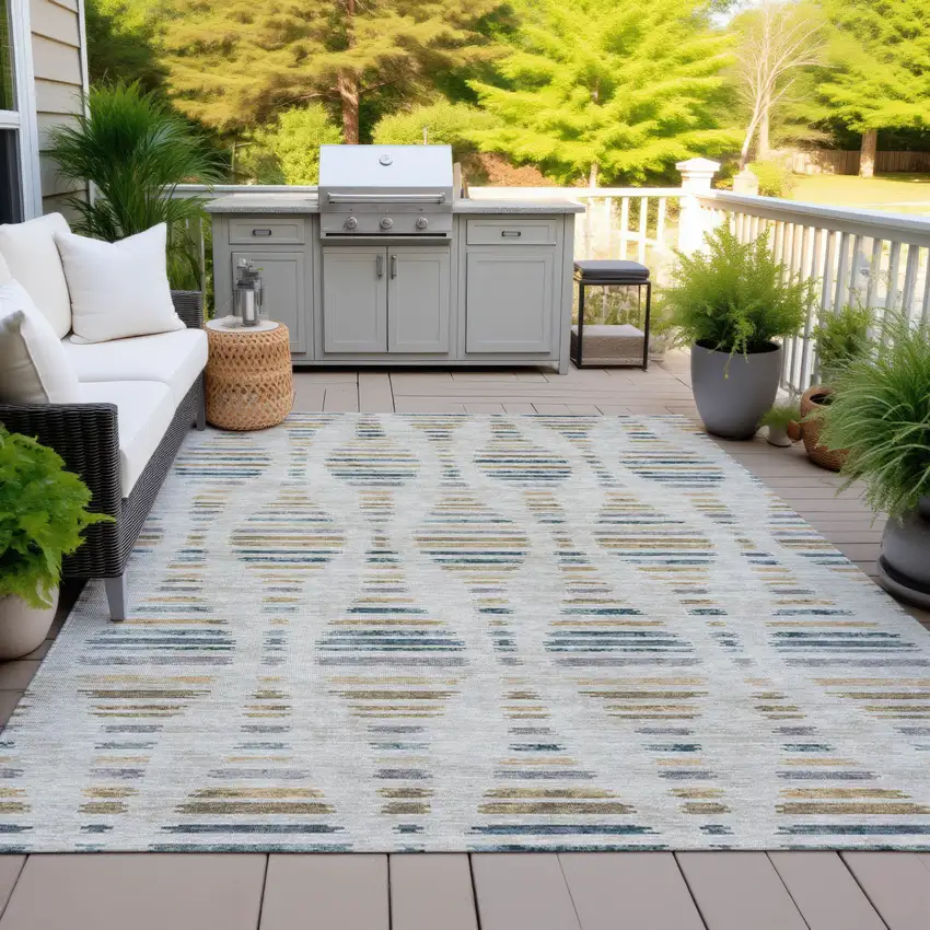 Linen And Navy Blue Striped Washable Indoor Outdoor Area Rug Photo 5