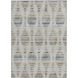 Photo of Linen And Navy Blue Striped Washable Indoor Outdoor Area Rug