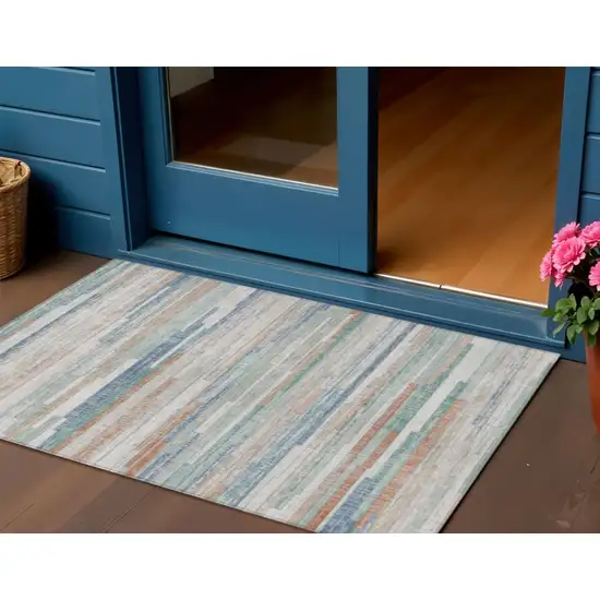 Linen And Pale Aqua Striped Washable Indoor Outdoor Area Rug Photo 2