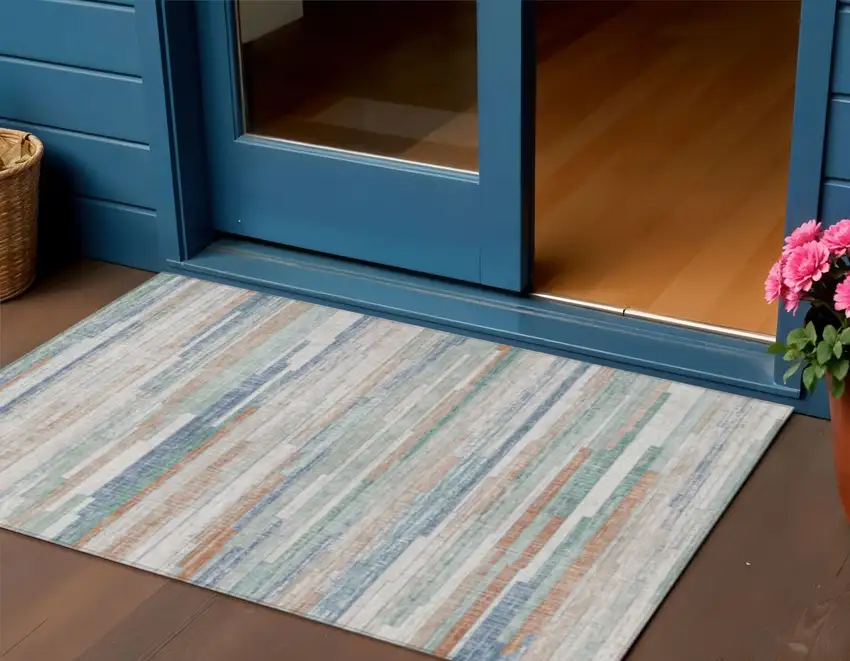 Linen And Pale Aqua Striped Washable Indoor Outdoor Area Rug Photo 2