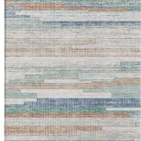 Linen And Pale Aqua Striped Washable Indoor Outdoor Area Rug Photo 3