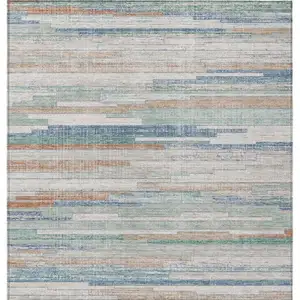Photo of Linen And Pale Aqua Striped Washable Indoor Outdoor Area Rug