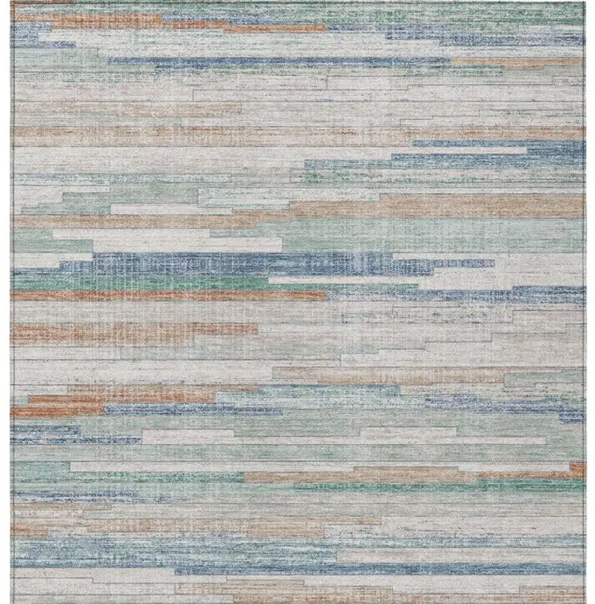 Linen And Pale Aqua Striped Washable Indoor Outdoor Area Rug Photo 1