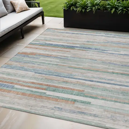 Linen And Pale Aqua Striped Washable Indoor Outdoor Area Rug Photo 2