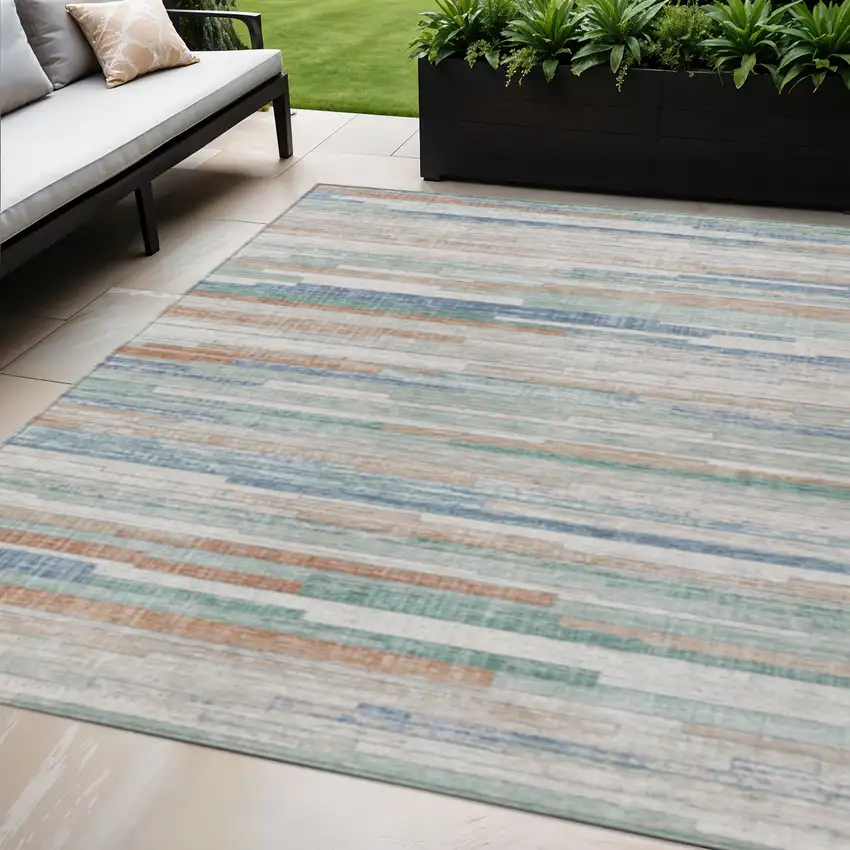 Linen And Pale Aqua Striped Washable Indoor Outdoor Area Rug Photo 2