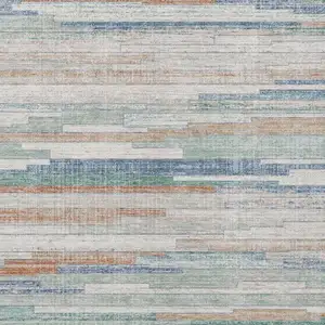 Photo of Linen And Pale Aqua Striped Washable Indoor Outdoor Area Rug