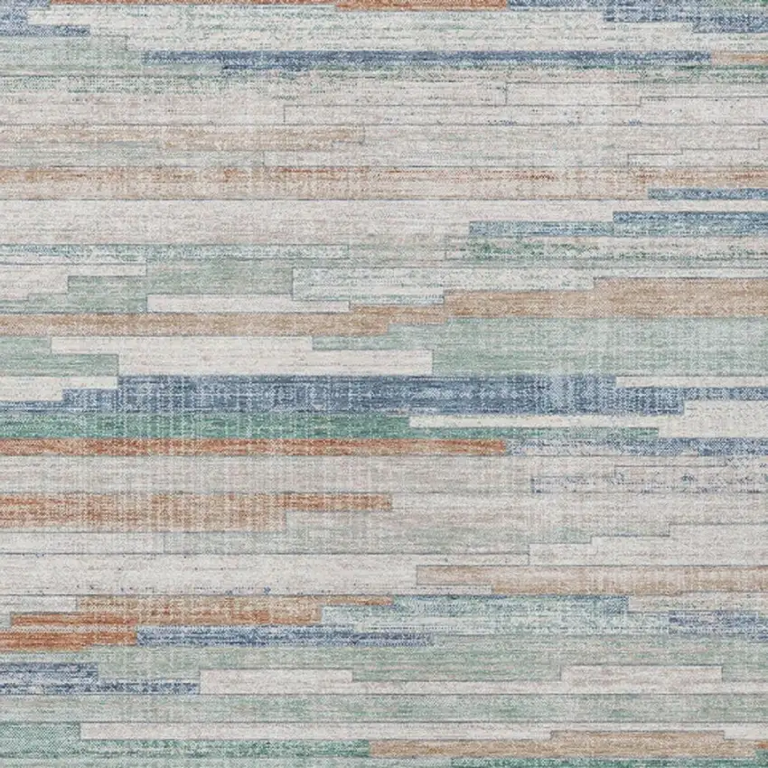 Linen And Pale Aqua Striped Washable Indoor Outdoor Area Rug Photo 1