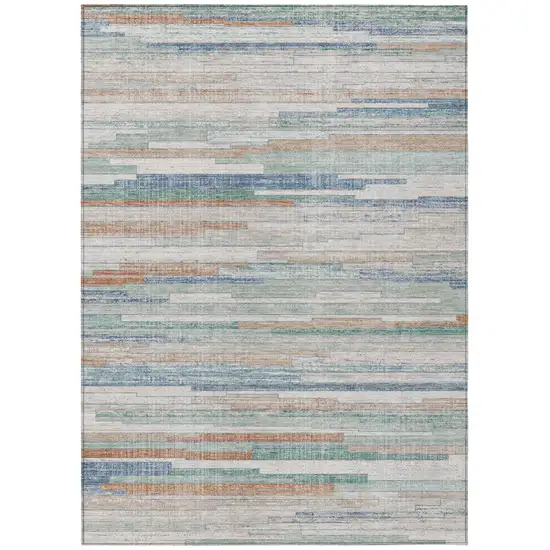 Linen And Pale Aqua Striped Washable Indoor Outdoor Area Rug Photo 7