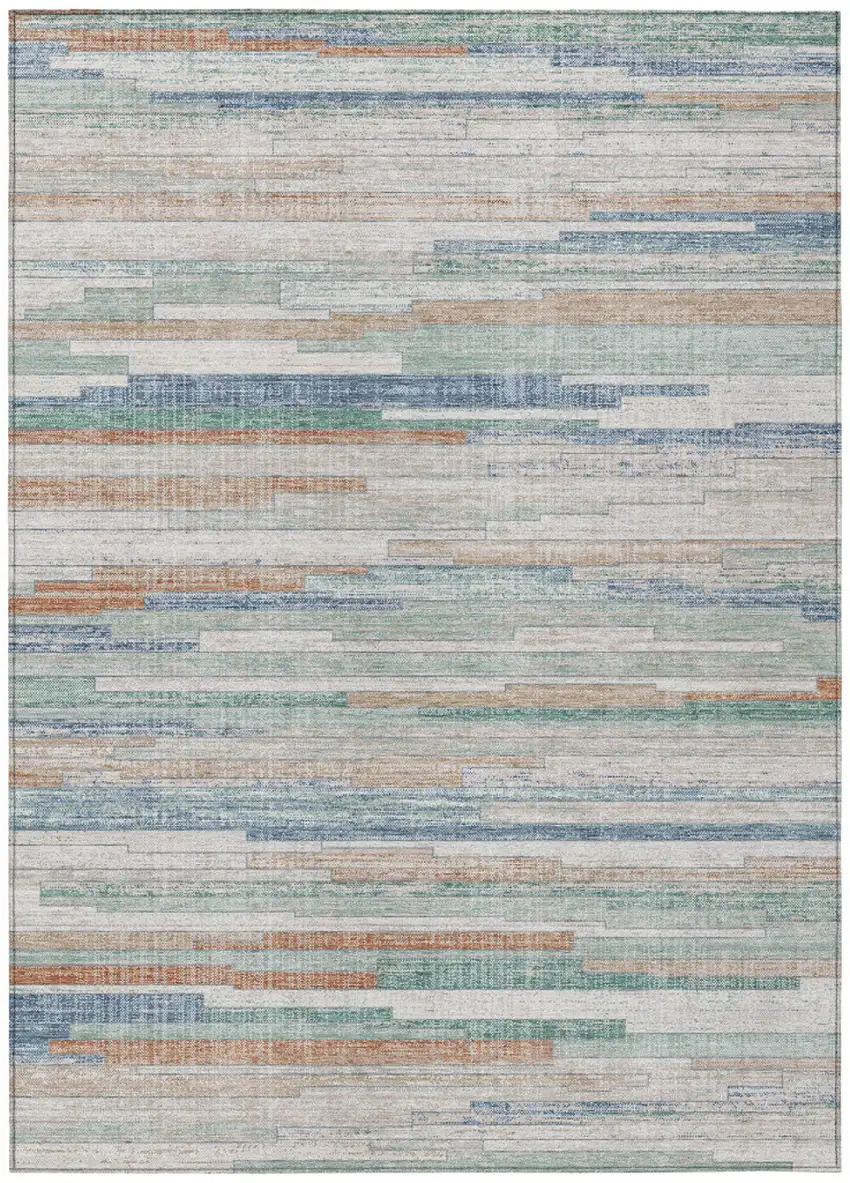 Linen And Pale Aqua Striped Washable Indoor Outdoor Area Rug Photo 7