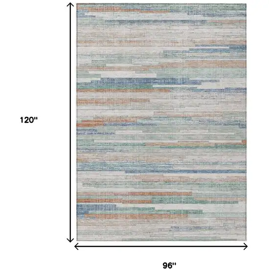 Linen And Pale Aqua Striped Washable Indoor Outdoor Area Rug Photo 9