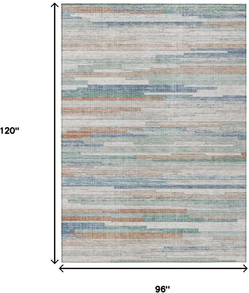 Linen And Pale Aqua Striped Washable Indoor Outdoor Area Rug Photo 9