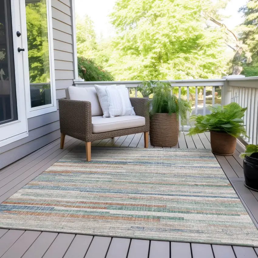 Linen And Pale Aqua Striped Washable Indoor Outdoor Area Rug Photo 7