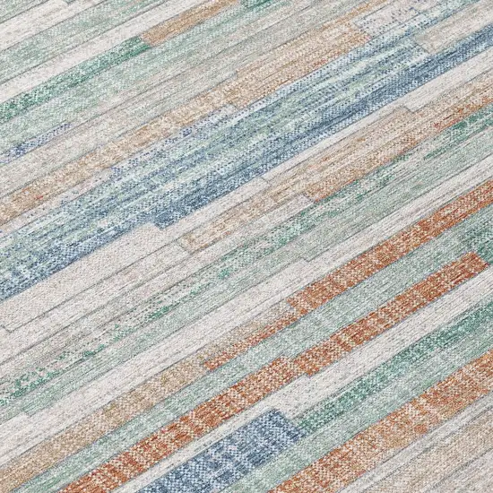 Linen And Pale Aqua Striped Washable Indoor Outdoor Area Rug Photo 8