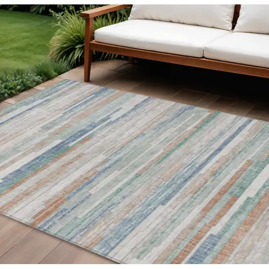 Linen And Pale Aqua Striped Washable Indoor Outdoor Area Rug Photo 2
