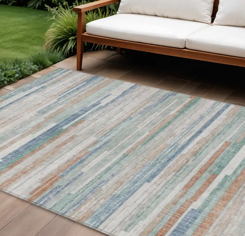 Linen And Pale Aqua Striped Washable Indoor Outdoor Area Rug Photo 2