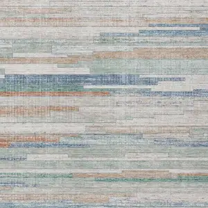 Photo of Linen And Pale Aqua Striped Washable Indoor Outdoor Area Rug