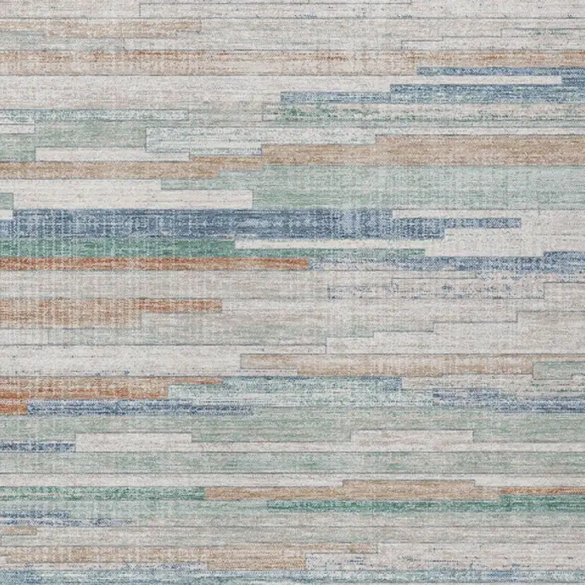 Linen And Pale Aqua Striped Washable Indoor Outdoor Area Rug Photo 1