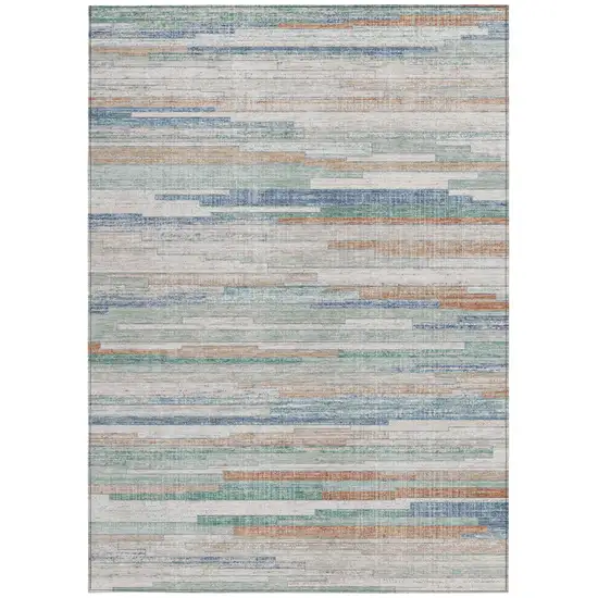 Linen And Pale Aqua Striped Washable Indoor Outdoor Area Rug Photo 8