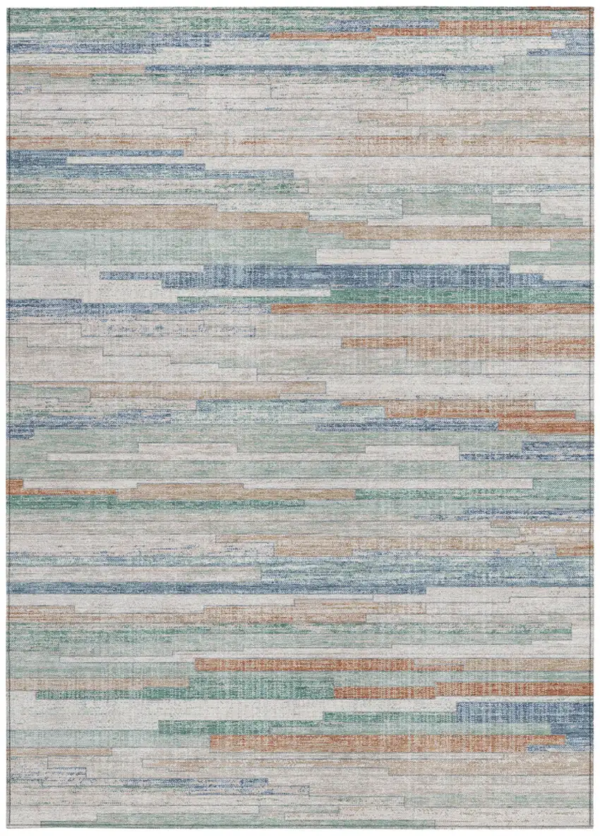 Linen And Pale Aqua Striped Washable Indoor Outdoor Area Rug Photo 8
