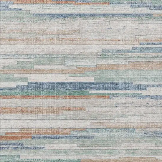 Linen And Pale Aqua Striped Washable Indoor Outdoor Area Rug Photo 9