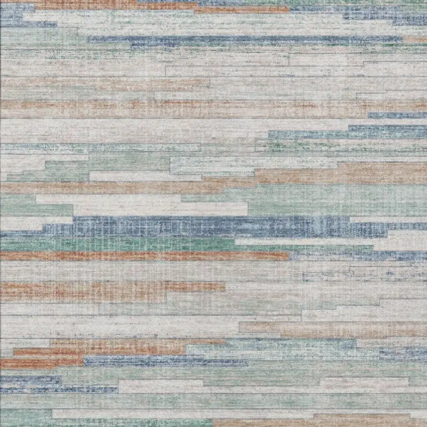 Linen And Pale Aqua Striped Washable Indoor Outdoor Area Rug Photo 9