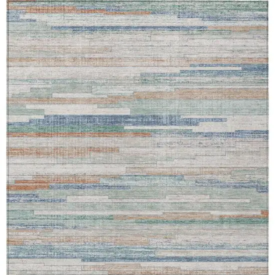 Linen And Pale Aqua Striped Washable Indoor Outdoor Area Rug Photo 1