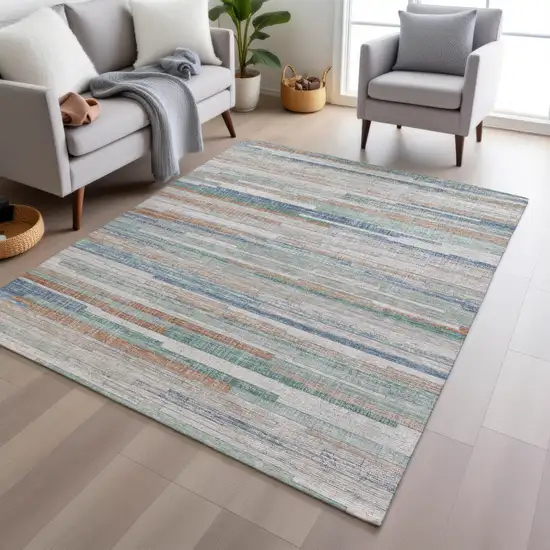Linen And Pale Aqua Striped Washable Indoor Outdoor Area Rug Photo 5
