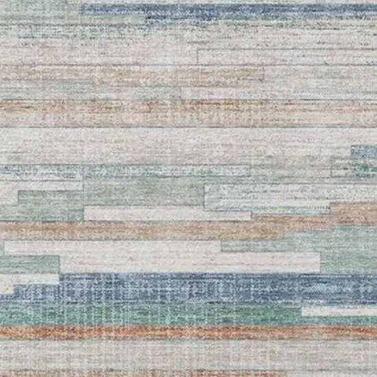 Linen And Pale Aqua Striped Washable Indoor Outdoor Area Rug Photo 3