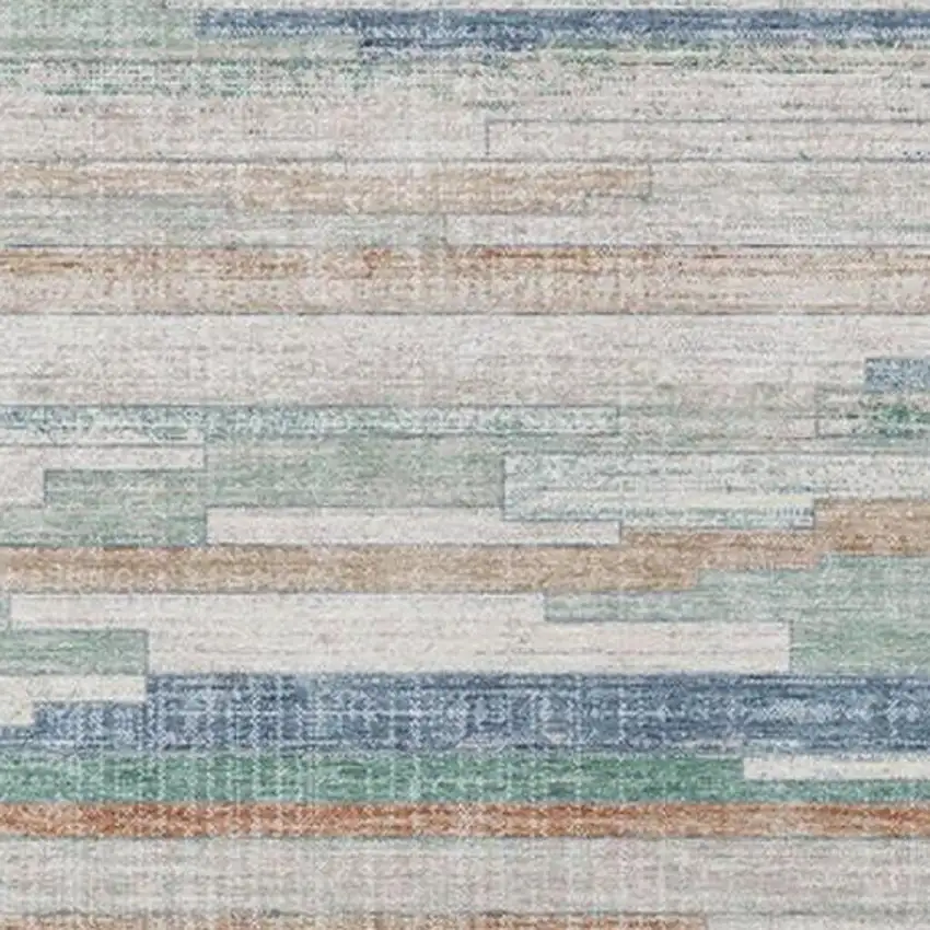 Linen And Pale Aqua Striped Washable Indoor Outdoor Area Rug Photo 3