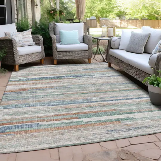 Linen And Pale Aqua Striped Washable Indoor Outdoor Area Rug Photo 4