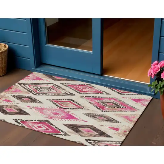 Linen And Pink Aztec Washable Indoor Outdoor Area Rug Photo 2