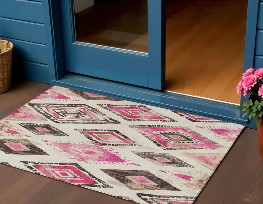 Linen And Pink Aztec Washable Indoor Outdoor Area Rug Photo 2