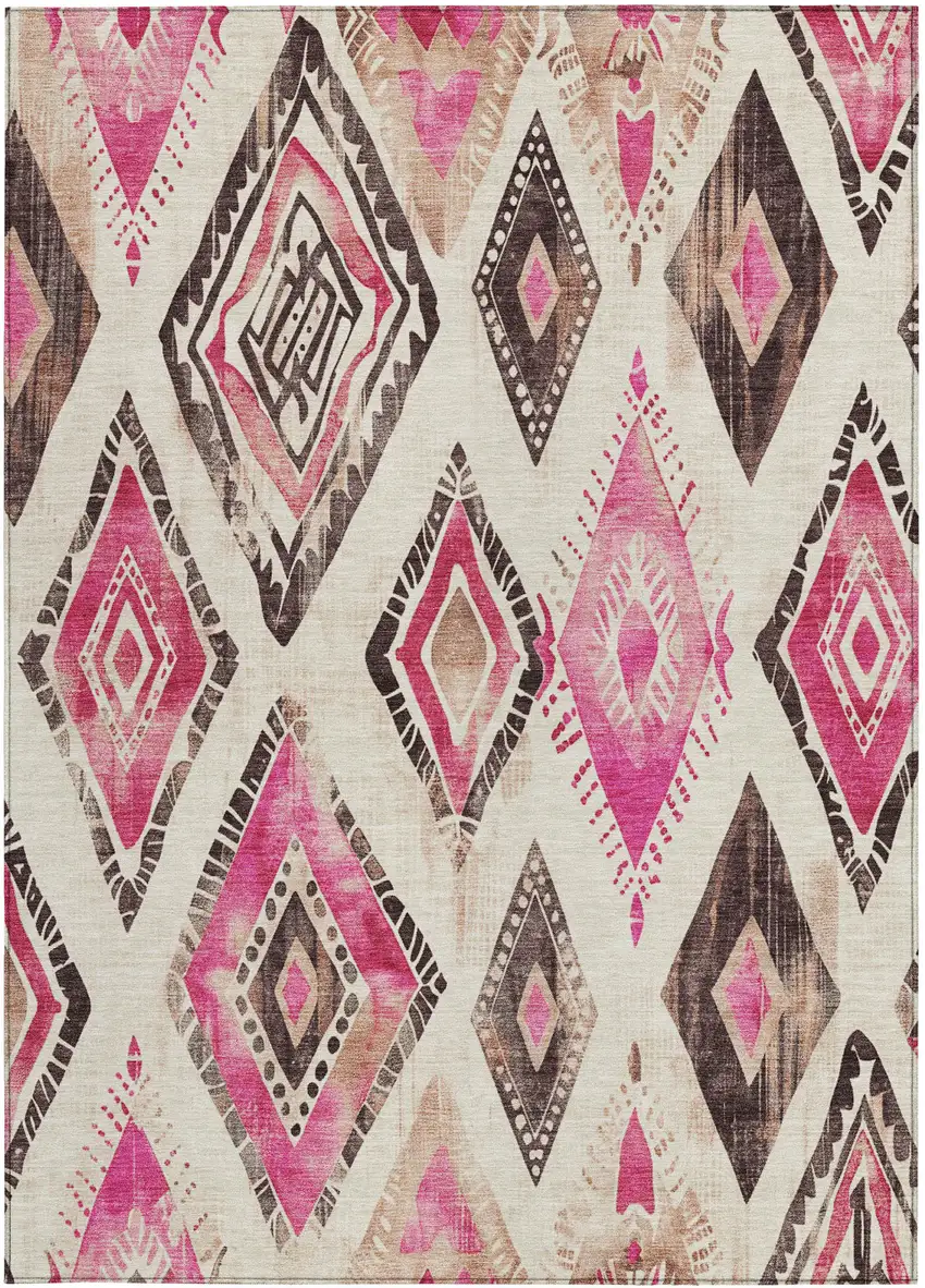 Linen And Pink Aztec Washable Indoor Outdoor Area Rug Photo 3