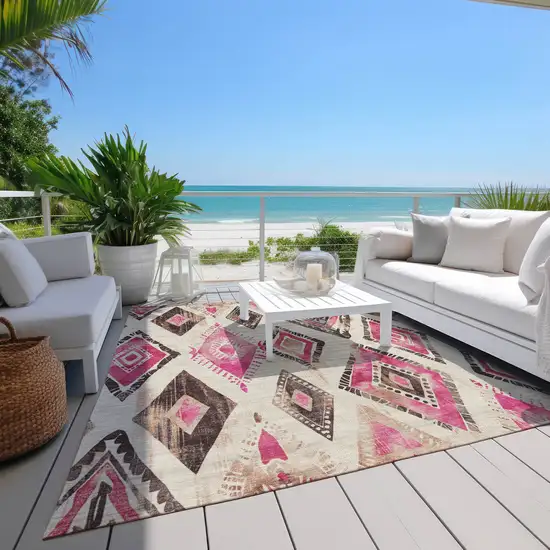 Linen And Pink Aztec Washable Indoor Outdoor Area Rug Photo 7