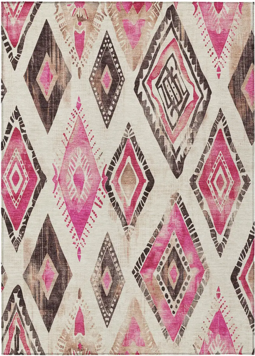 Linen And Pink Aztec Washable Indoor Outdoor Area Rug Photo 1