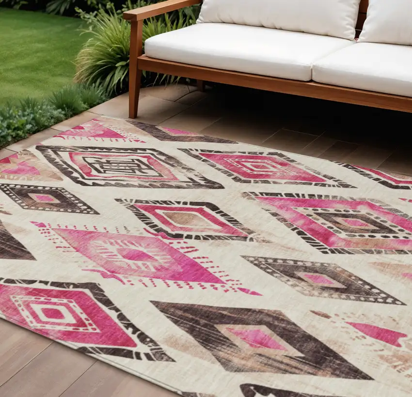 Linen And Pink Aztec Washable Indoor Outdoor Area Rug Photo 2
