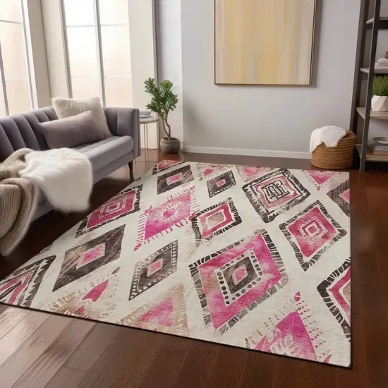 Linen And Pink Aztec Washable Indoor Outdoor Area Rug Photo 6