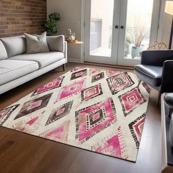 Linen And Pink Aztec Washable Indoor Outdoor Area Rug Photo 5