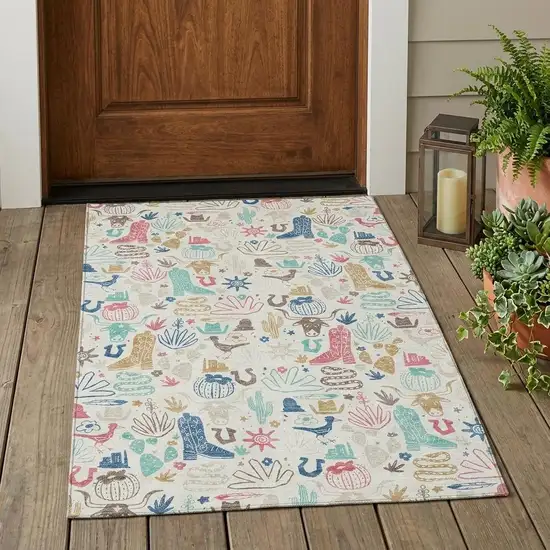 Linen And Pink Cactus Washable Indoor Outdoor Area Rug Photo 1