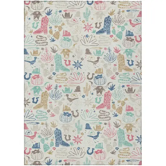 Linen And Pink Cactus Washable Indoor Outdoor Area Rug Photo 2
