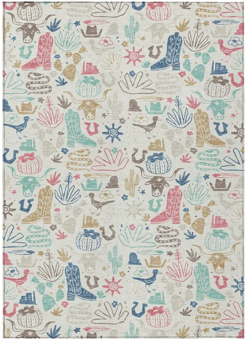 Linen And Pink Cactus Washable Indoor Outdoor Area Rug Photo 2