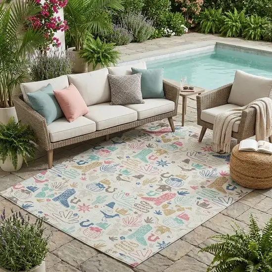Linen And Pink Cactus Washable Indoor Outdoor Area Rug Photo 1